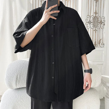 Riolio Summer Short Sleeved Shirt Men Black White Casual Shirt Men Streetwear Korean Loose Pleated Shirt Mens Ice Silk Shirts 4XL